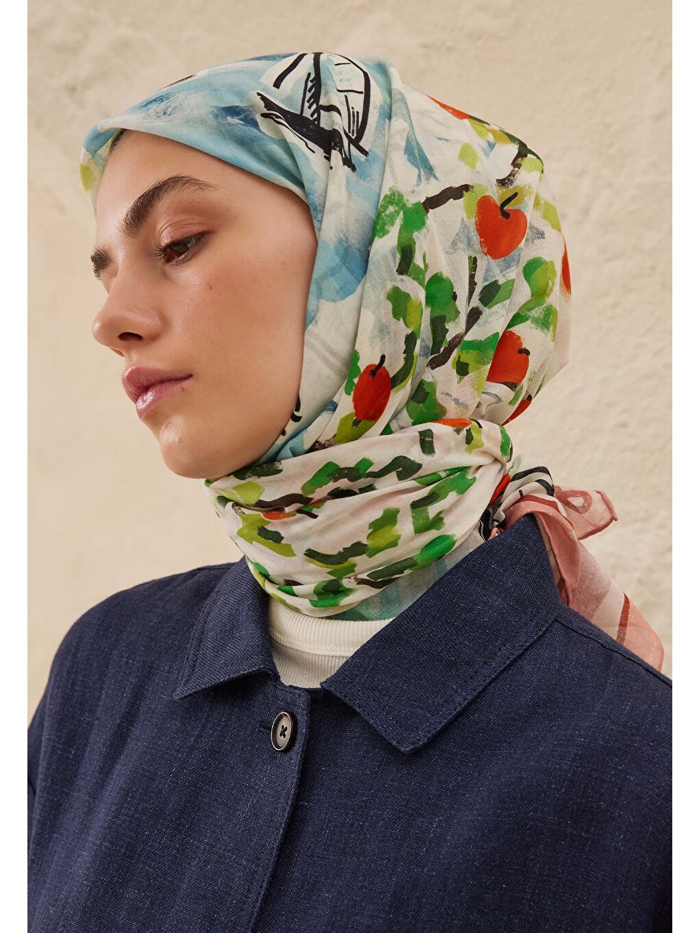 Paradise Desen Pamuk Vual Eşarp Mavi-2