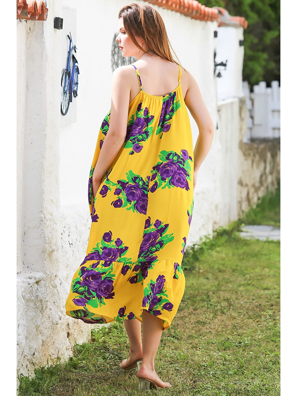 Sarı Gizli Cepli Eteği Fırfırlı Ayarlanabilir Askılı Casual Viskon Dokuma Elbise 128 66-6