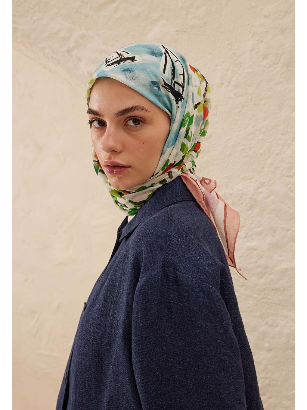 Paradise Desen Pamuk Vual Eşarp Mavi-3