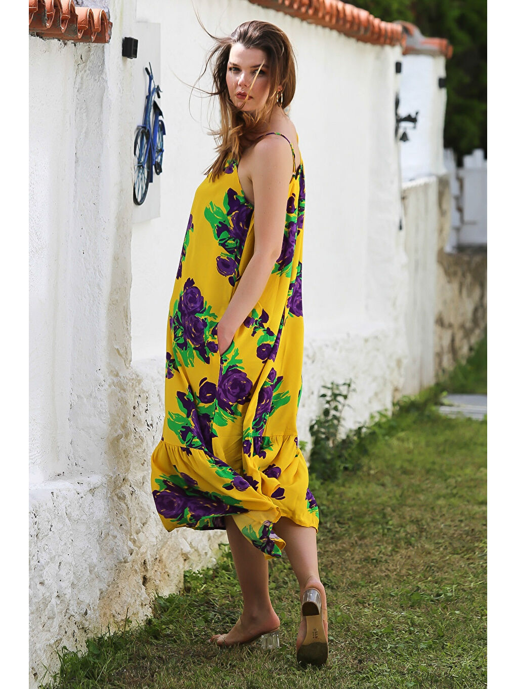 Sarı Gizli Cepli Eteği Fırfırlı Ayarlanabilir Askılı Casual Viskon Dokuma Elbise 128 66-7