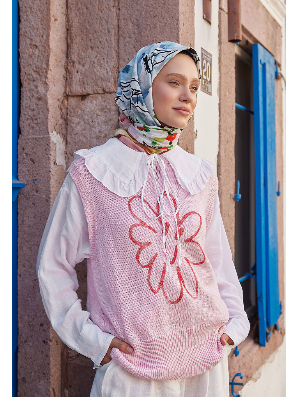 Paradise Desen Pamuk Vual Eşarp Mavi-4