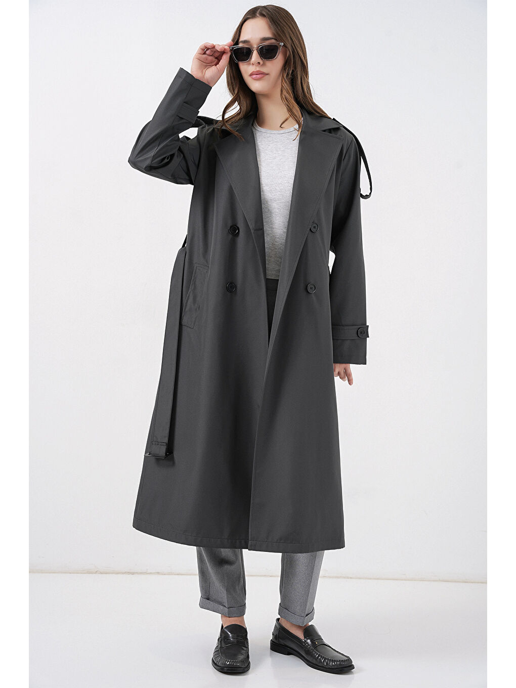 5941 Kruvaze Yaka Uzun Trençkot - Antrasit-1