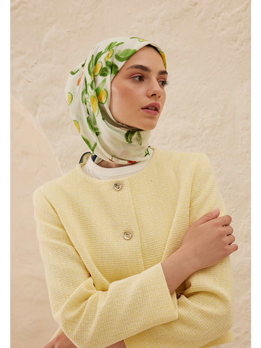 Lime Garden Desen Pamuk Vual Eşarp Yeşil-1