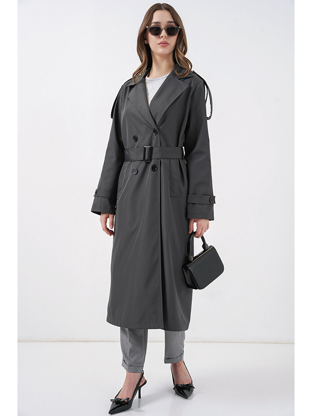 5941 Kruvaze Yaka Uzun Trençkot - Antrasit-2