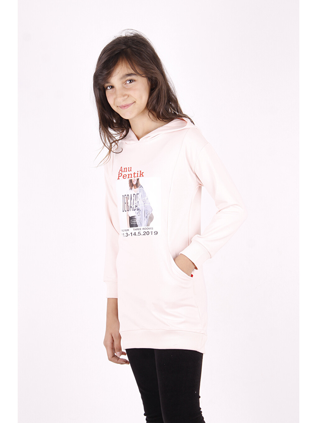 Pembe Kız Çocuk Tarz Kız Baskılı Cepli Kapüşonlu Sweatshirt