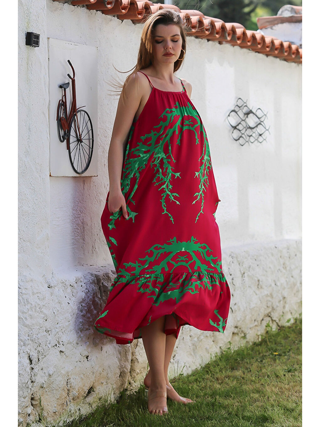 Fuşya Gizli Cepli Eteği Fırfırlı Ayarlanabilir Askılı Casual Viskon Dokuma Elbise 128 66-1