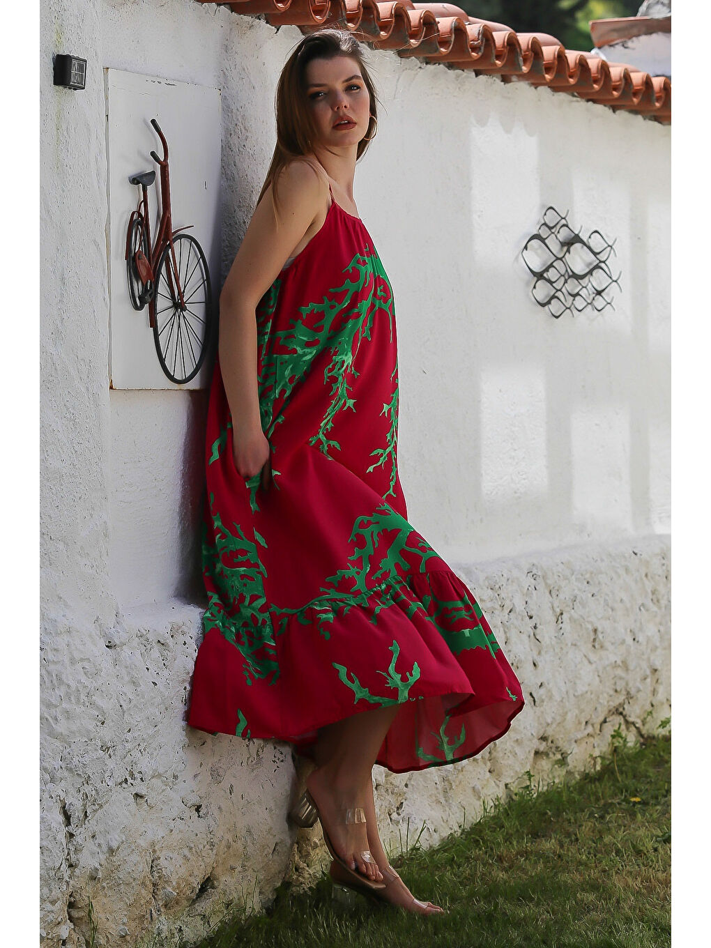 Fuşya Gizli Cepli Eteği Fırfırlı Ayarlanabilir Askılı Casual Viskon Dokuma Elbise 128 66-2