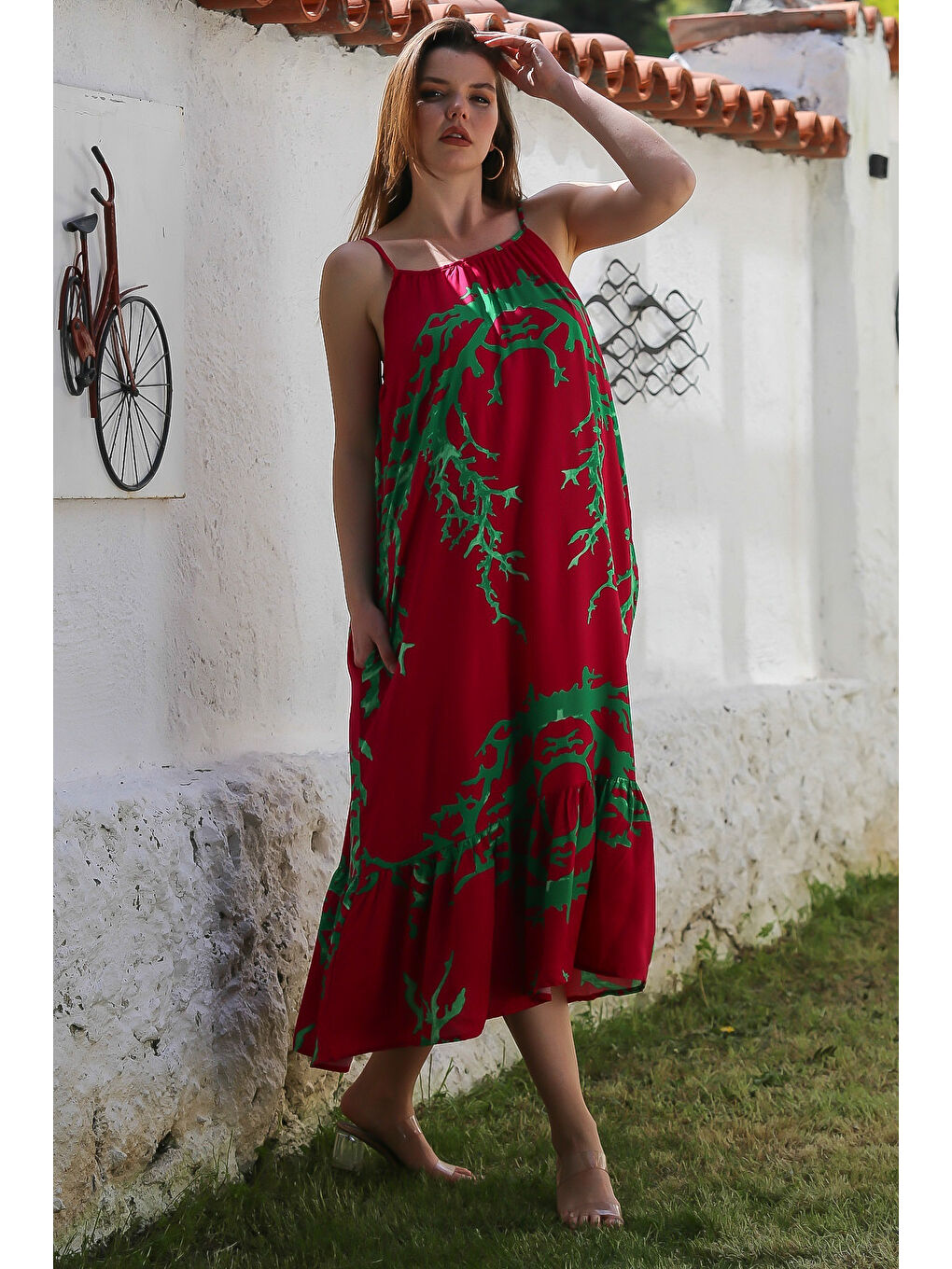 Fuşya Gizli Cepli Eteği Fırfırlı Ayarlanabilir Askılı Casual Viskon Dokuma Elbise 128 66-3