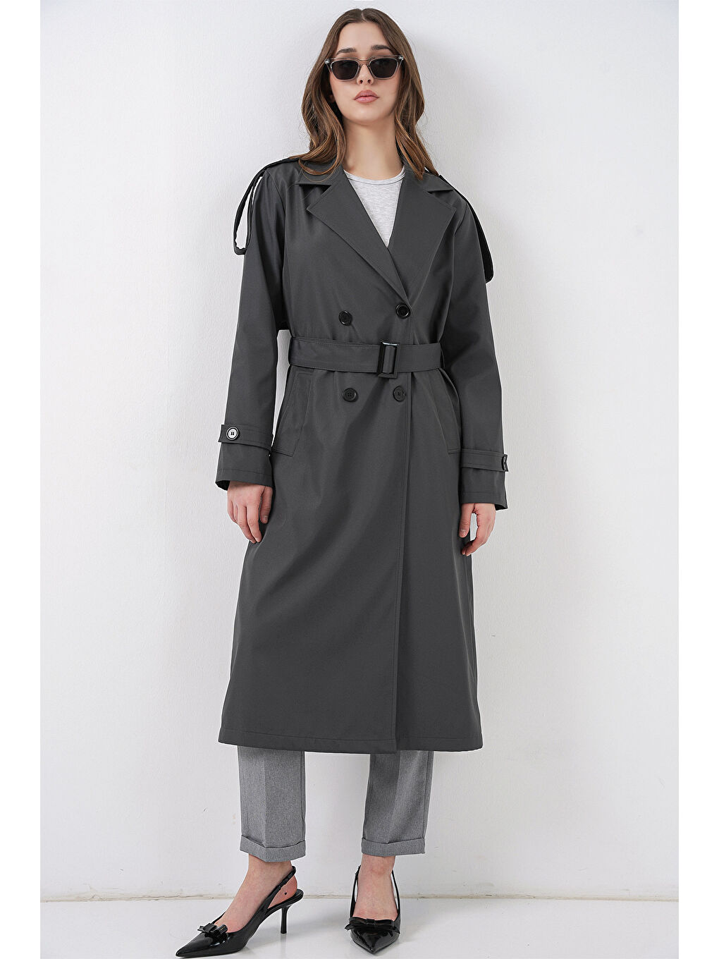 5941 Kruvaze Yaka Uzun Trençkot - Antrasit-3