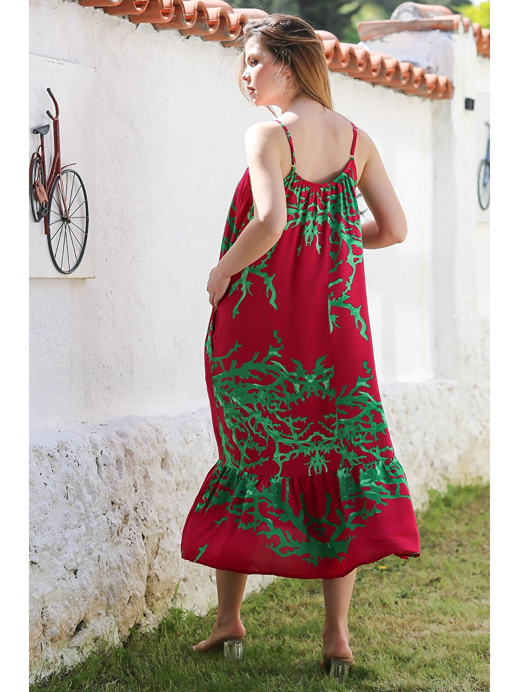 Fuşya Gizli Cepli Eteği Fırfırlı Ayarlanabilir Askılı Casual Viskon Dokuma Elbise 128 66-4