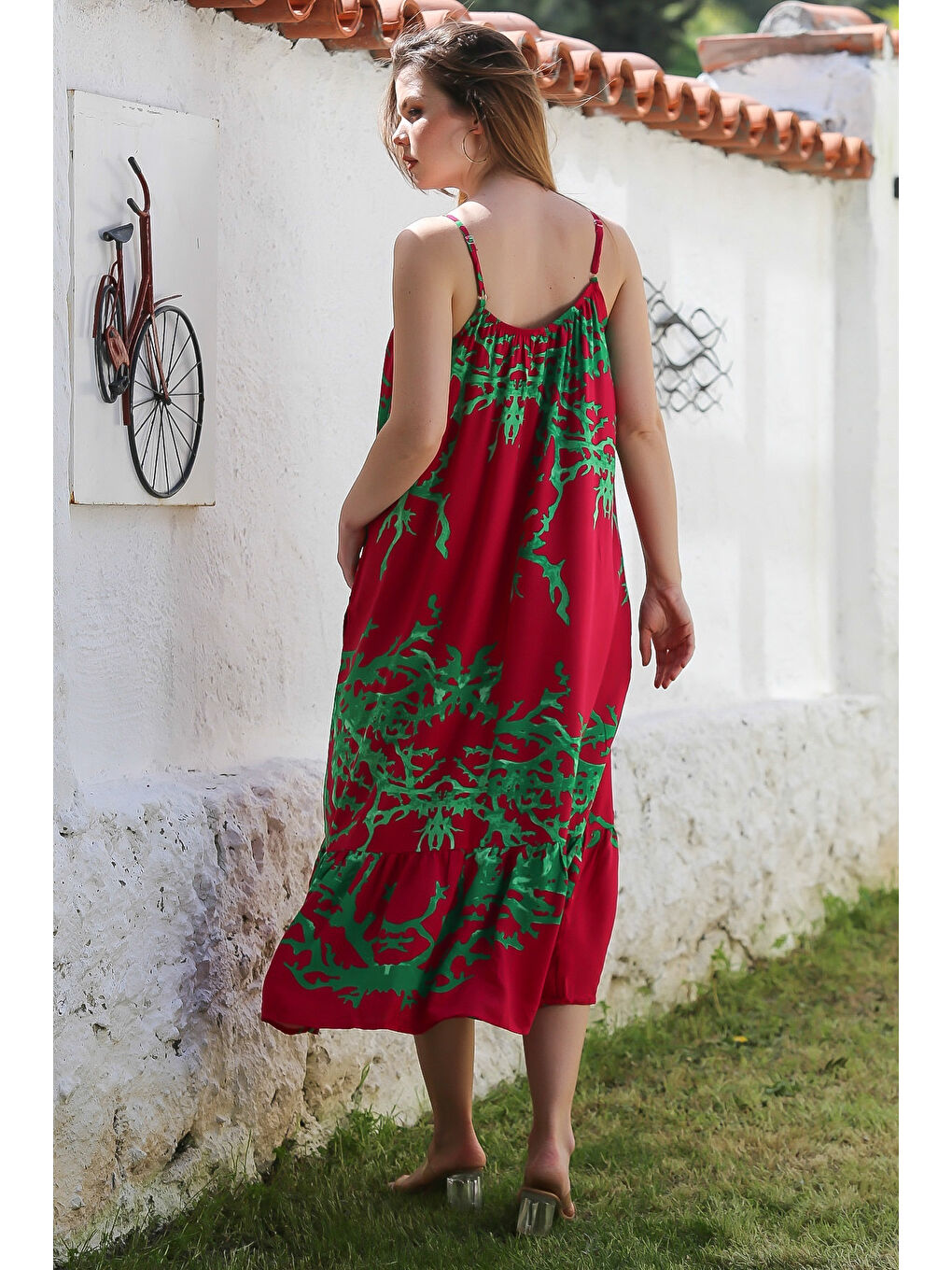 Fuşya Gizli Cepli Eteği Fırfırlı Ayarlanabilir Askılı Casual Viskon Dokuma Elbise 128 66-5