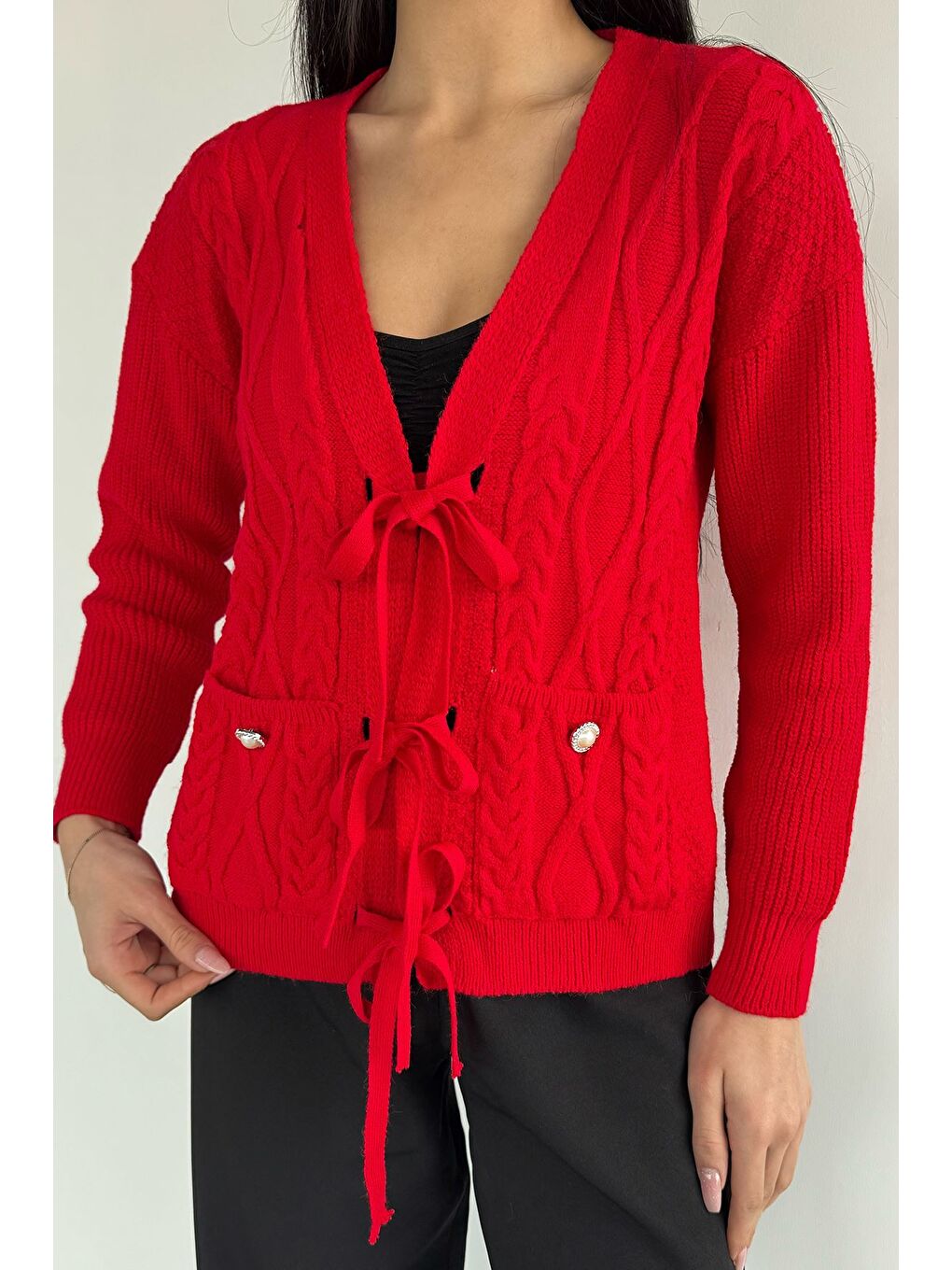 Kırmızı Kadın Ön Bağlamalı Çift Cepli Örme Triko Hırka-1