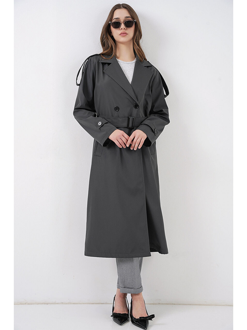 5941 Kruvaze Yaka Uzun Trençkot - Antrasit-4