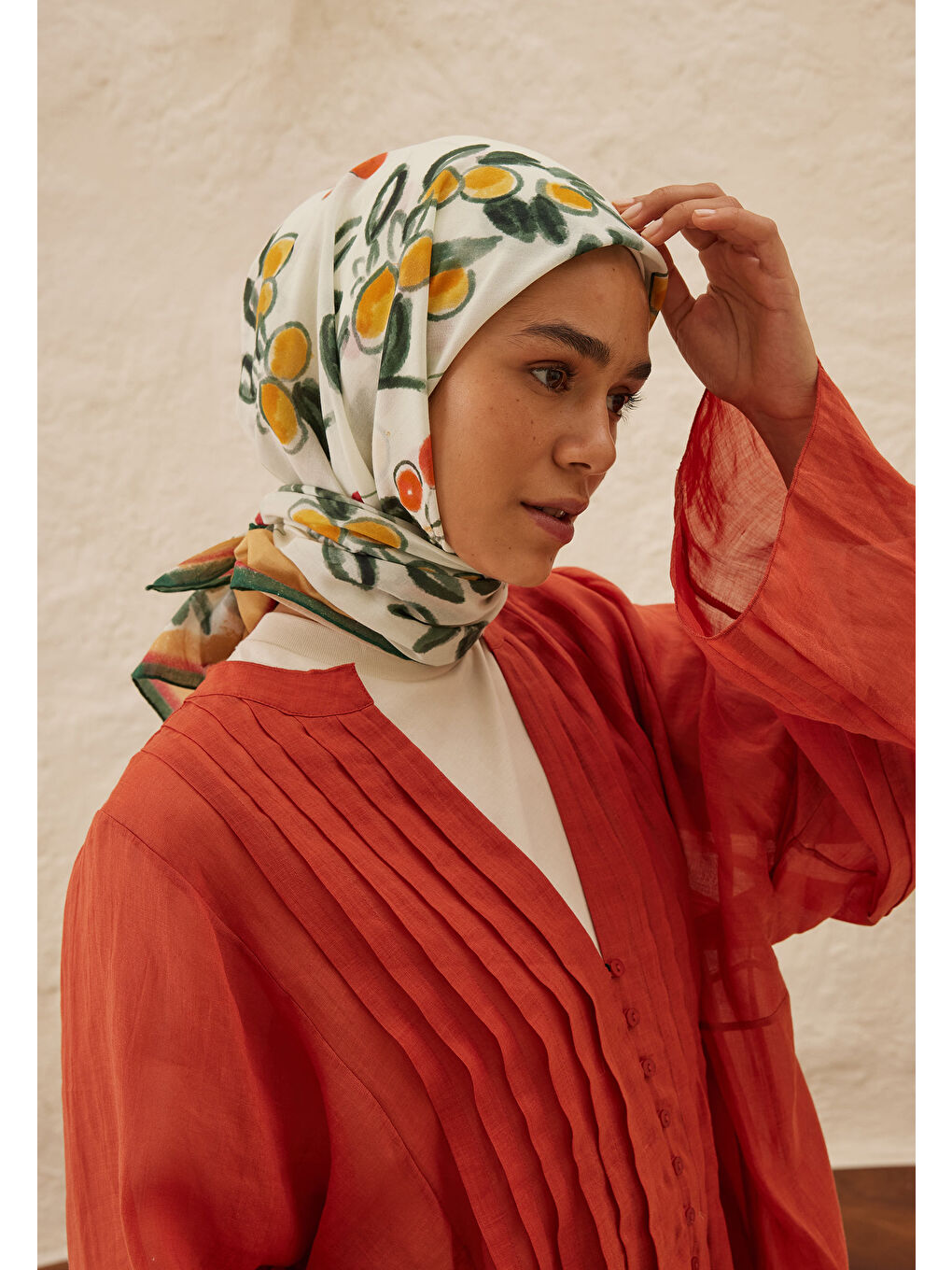 Lime Garden Desen Pamuk Vual Eşarp Turuncu