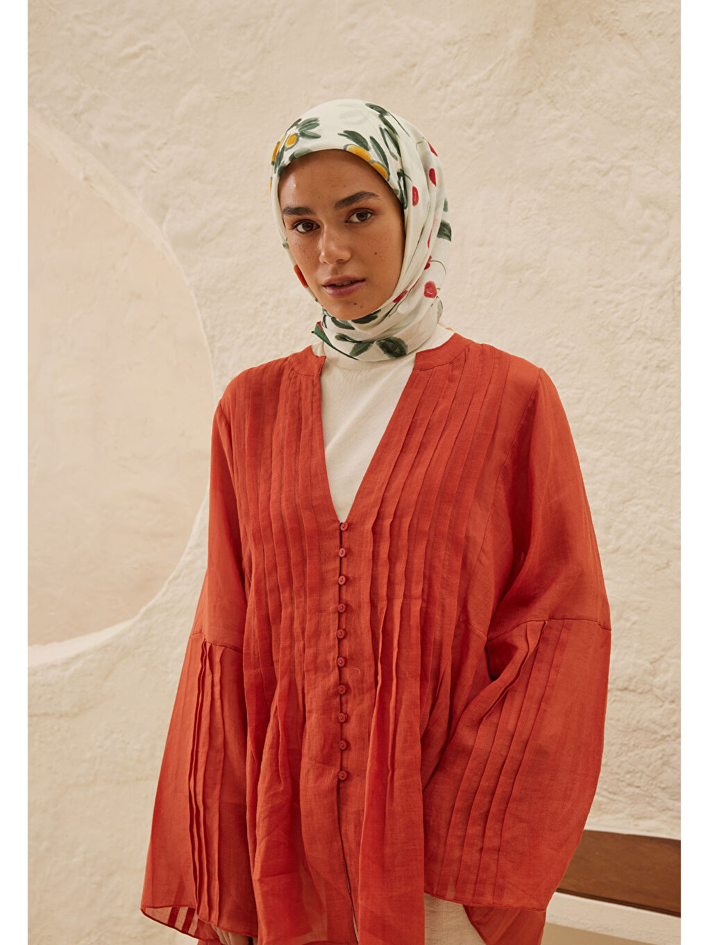 Lime Garden Desen Pamuk Vual Eşarp Turuncu-1