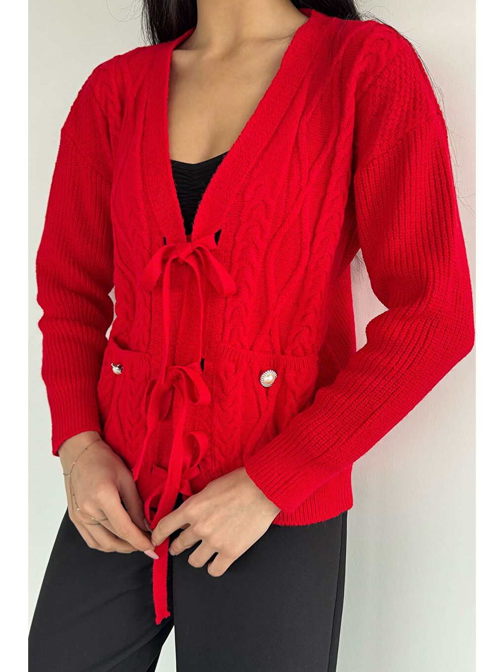 Kırmızı Kadın Ön Bağlamalı Çift Cepli Örme Triko Hırka-2