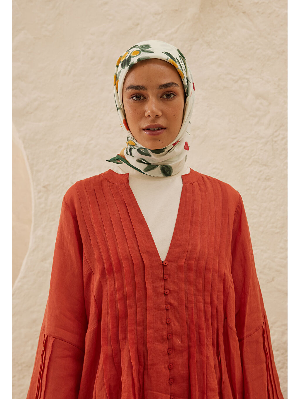 Lime Garden Desen Pamuk Vual Eşarp Turuncu-3