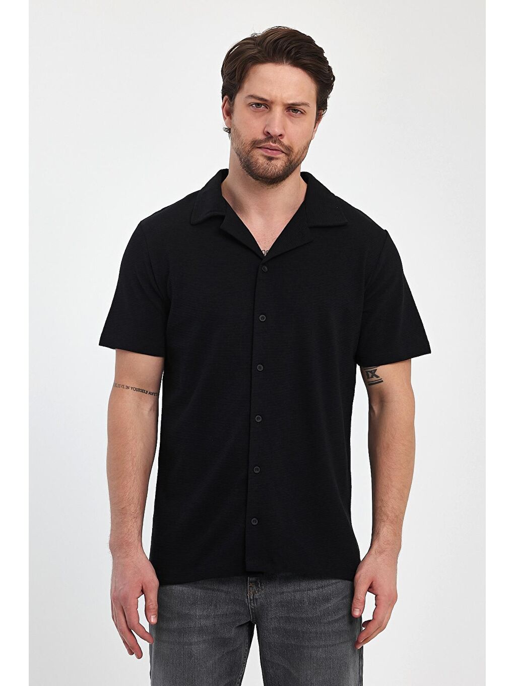 Siyah Erkek Ottoman Önü Düğmeli Erkek Gömlek Tişört 2640