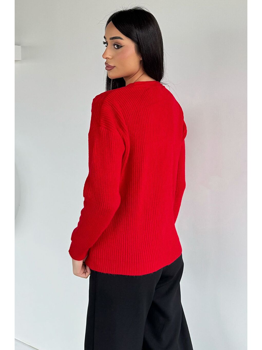 Kırmızı Kadın Ön Bağlamalı Çift Cepli Örme Triko Hırka-3