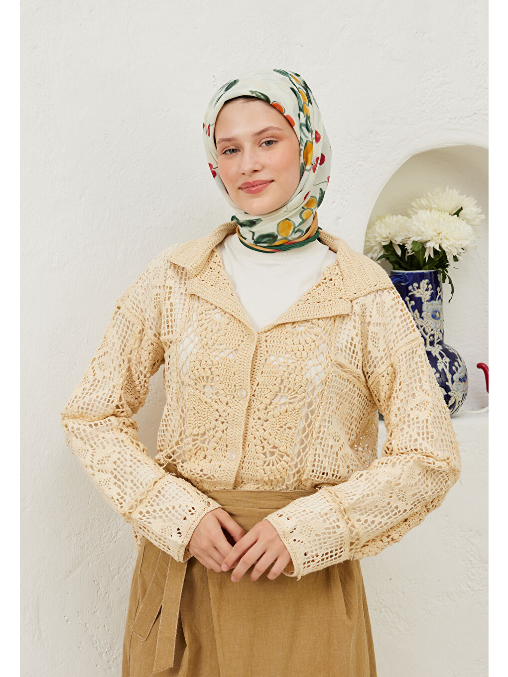 Lime Garden Desen Pamuk Vual Eşarp Turuncu-4