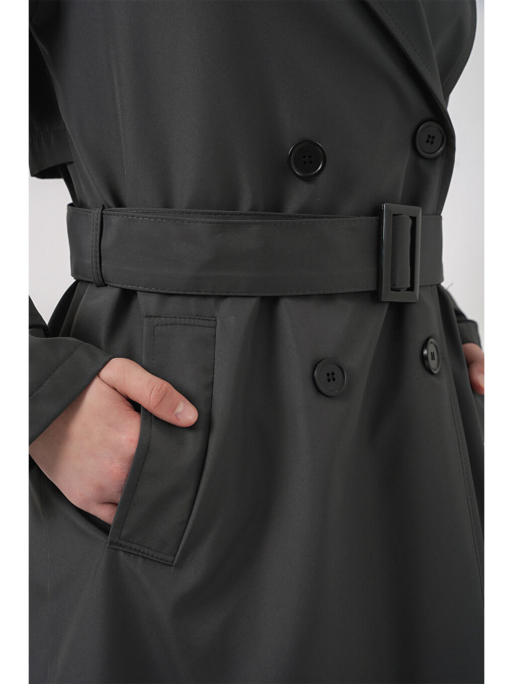 5941 Kruvaze Yaka Uzun Trençkot - Antrasit-5