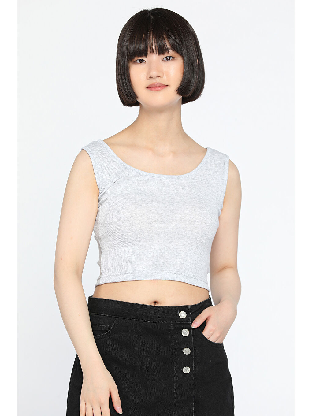 GÜLSELİ Gri Kalın Askılı Elastanlı Kadın Kaşkorse Crop Tops Bluz