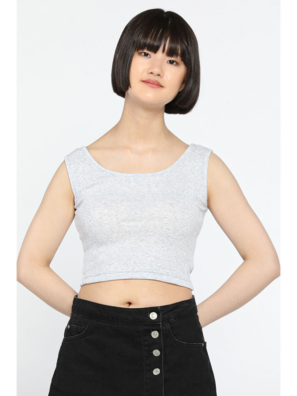 GÜLSELİ Gri Kalın Askılı Elastanlı Kadın Kaşkorse Crop Tops Bluz - 1