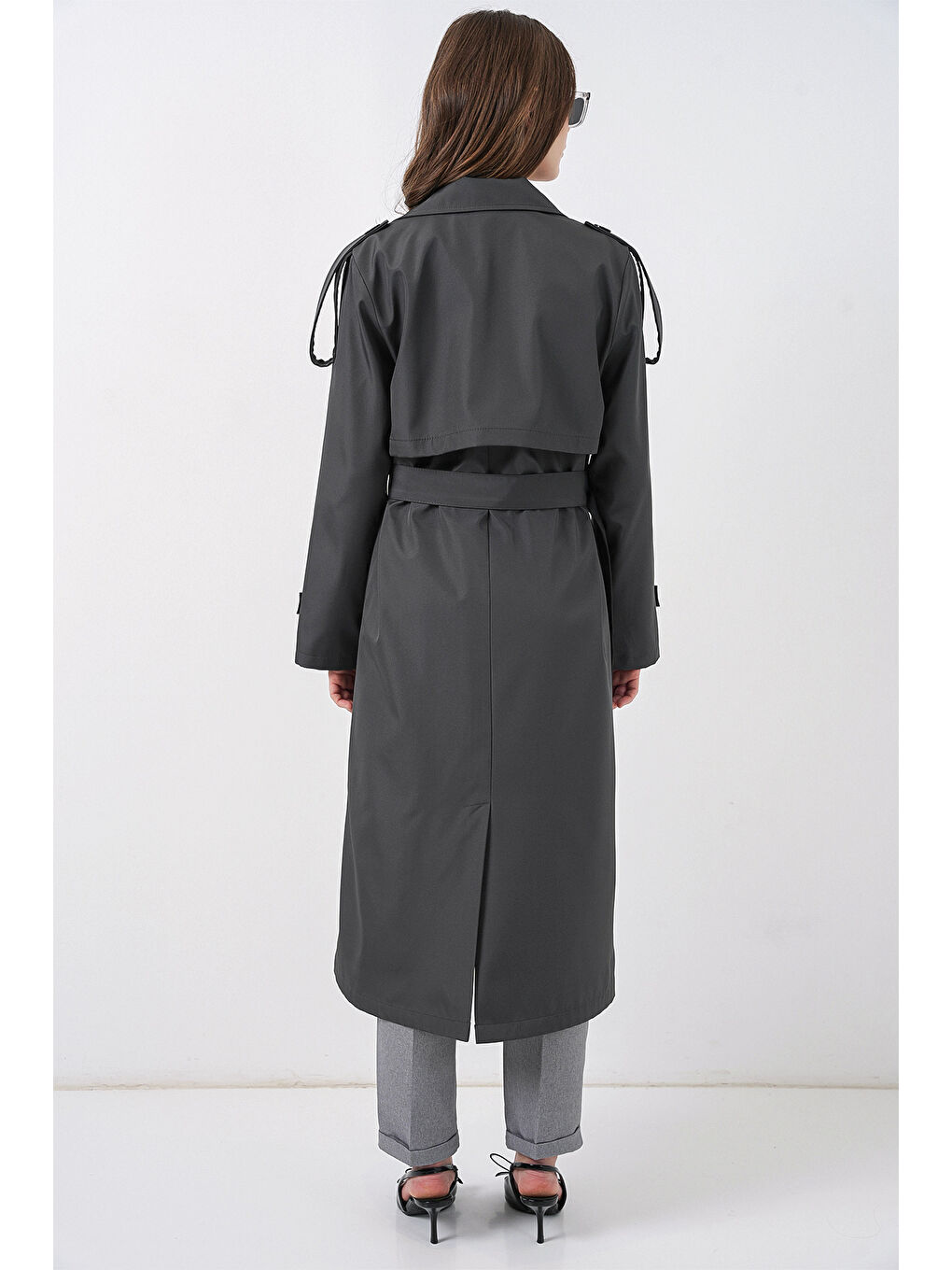 5941 Kruvaze Yaka Uzun Trençkot - Antrasit-6