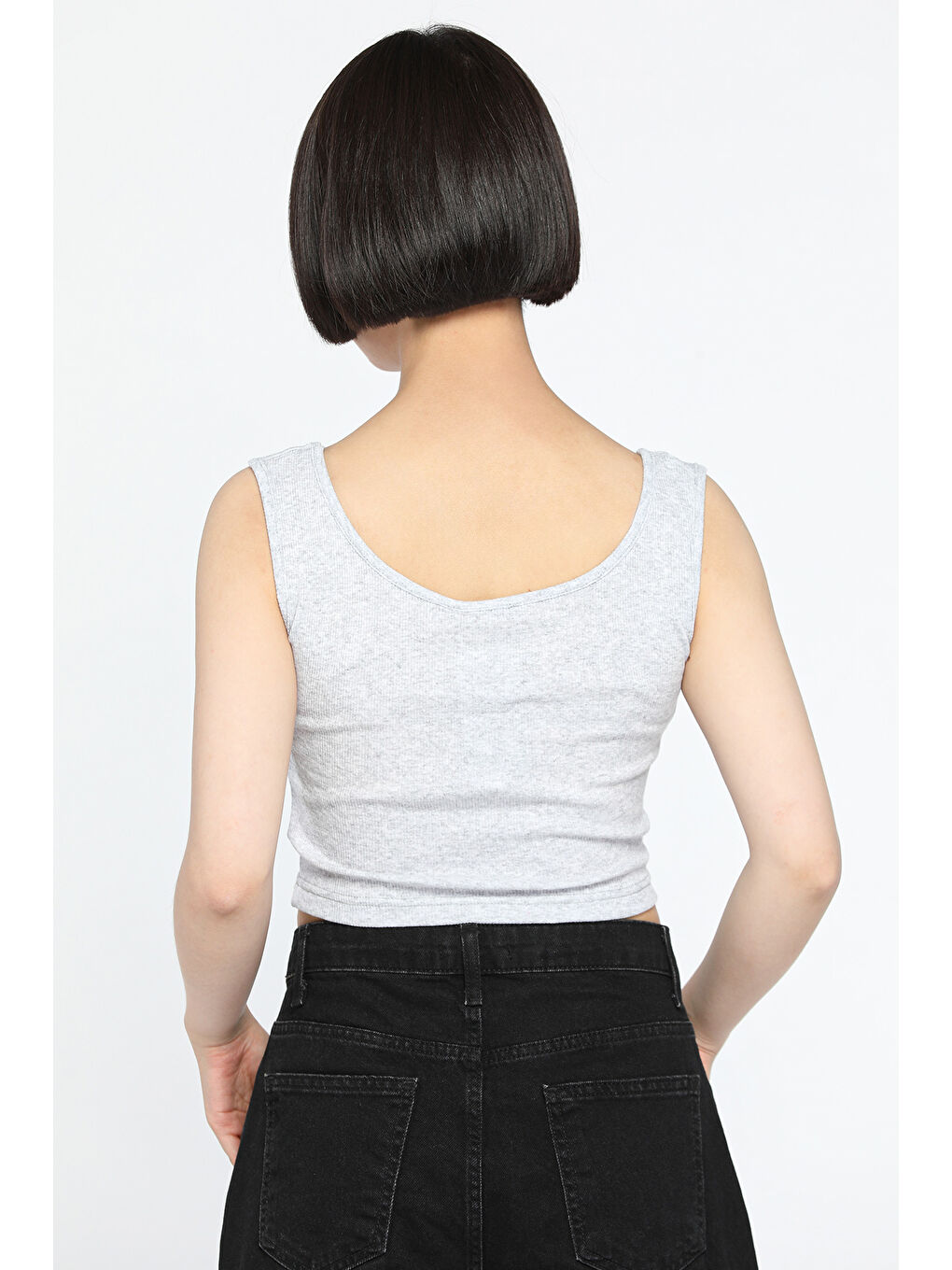 GÜLSELİ Gri Kalın Askılı Elastanlı Kadın Kaşkorse Crop Tops Bluz - 2