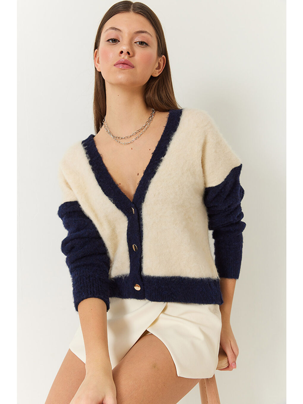 Lacivert Kadın Şardonlu Triko Hırka-1