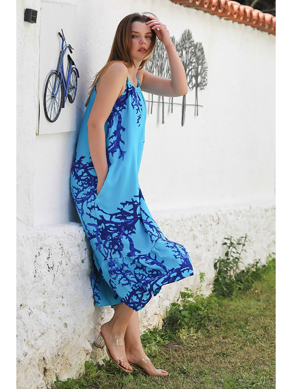 Turkuaz Gizli Cepli Eteği Fırfırlı Ayarlanabilir Askılı Casual Viskon Dokuma Elbise 128 66-4