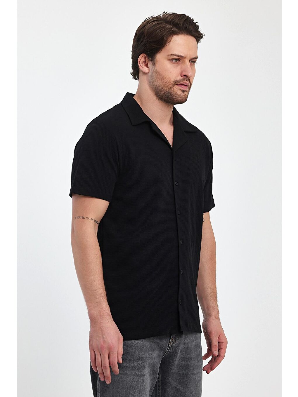 Siyah Erkek Ottoman Önü Düğmeli Erkek Gömlek Tişört 2640-4