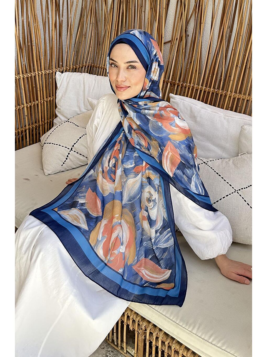 Çiçek Desen Pamuk Şal Lacivert-1