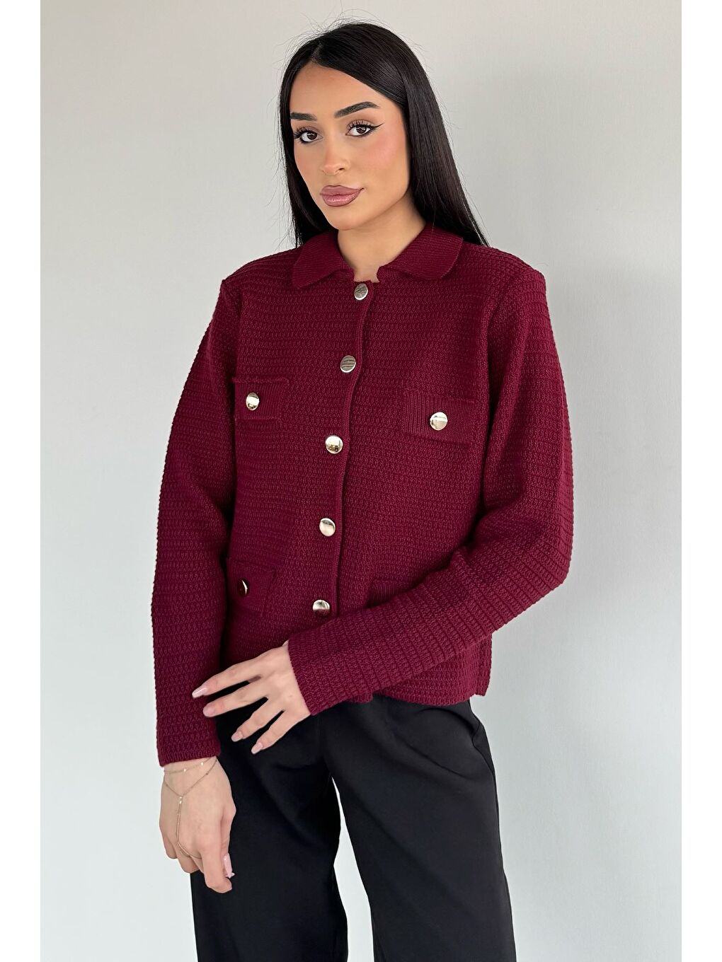 Bordo Kadın Polo Yaka Gold Düğme Detaylı Triko Hırka-1