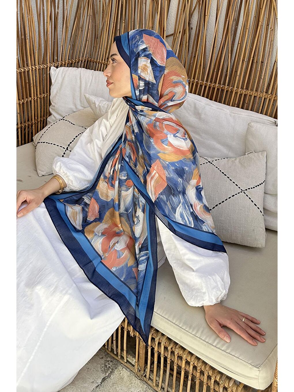 Çiçek Desen Pamuk Şal Lacivert-3