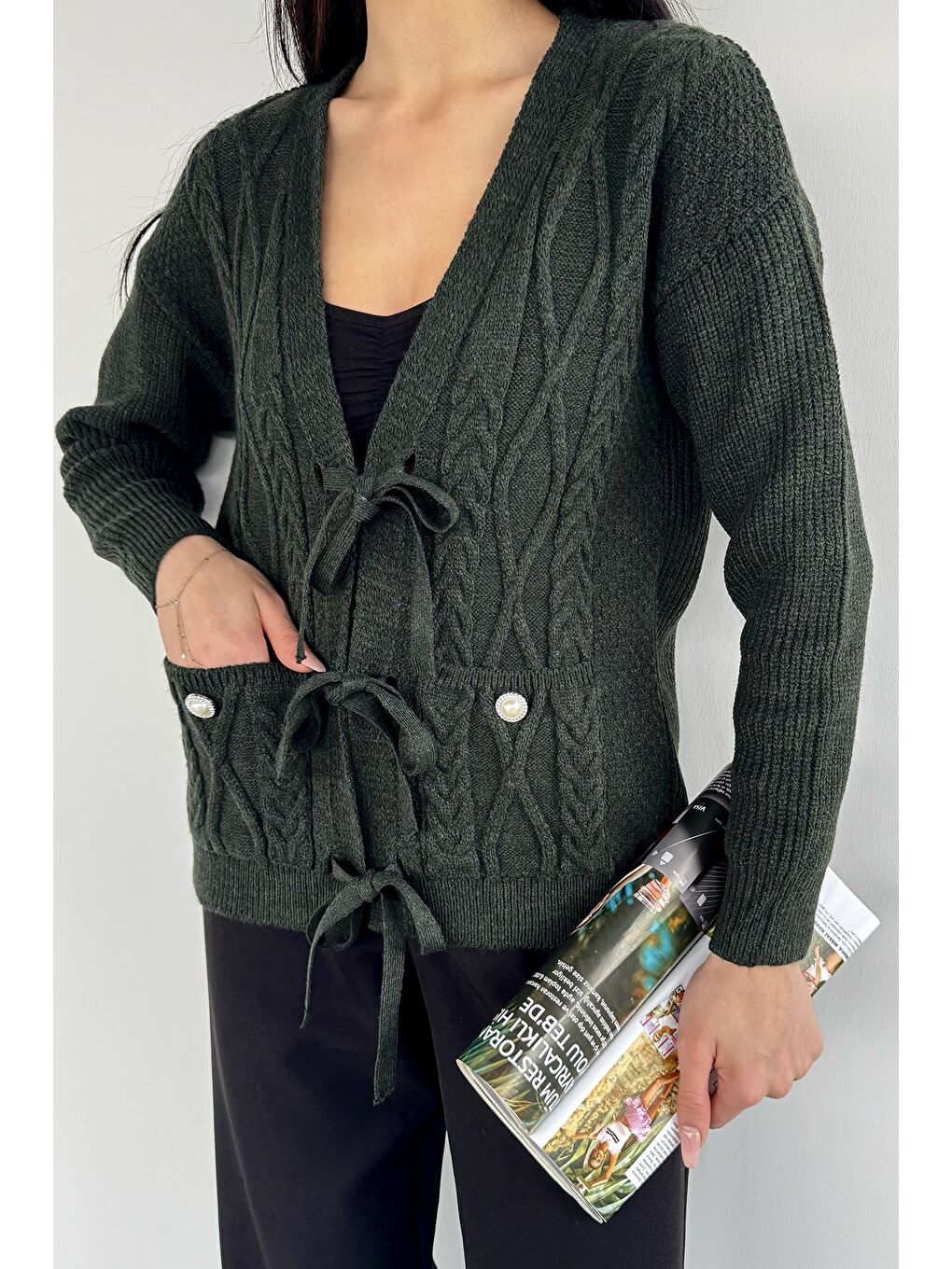 Haki Kadın Ön Bağlamalı Çift Cepli Örme Triko Hırka-2