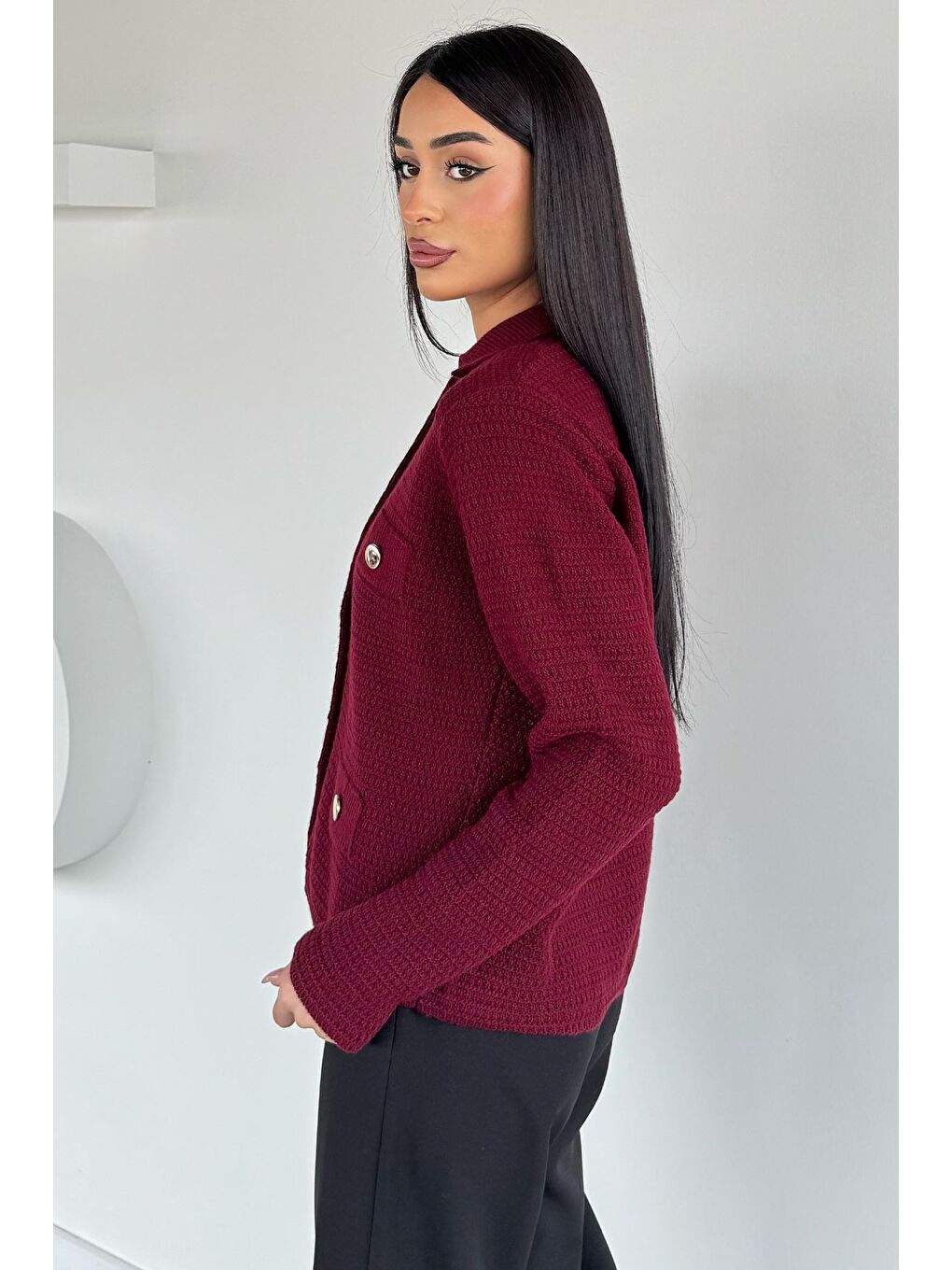 Bordo Kadın Polo Yaka Gold Düğme Detaylı Triko Hırka-3