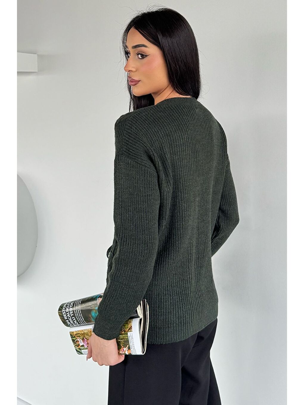 Haki Kadın Ön Bağlamalı Çift Cepli Örme Triko Hırka-3