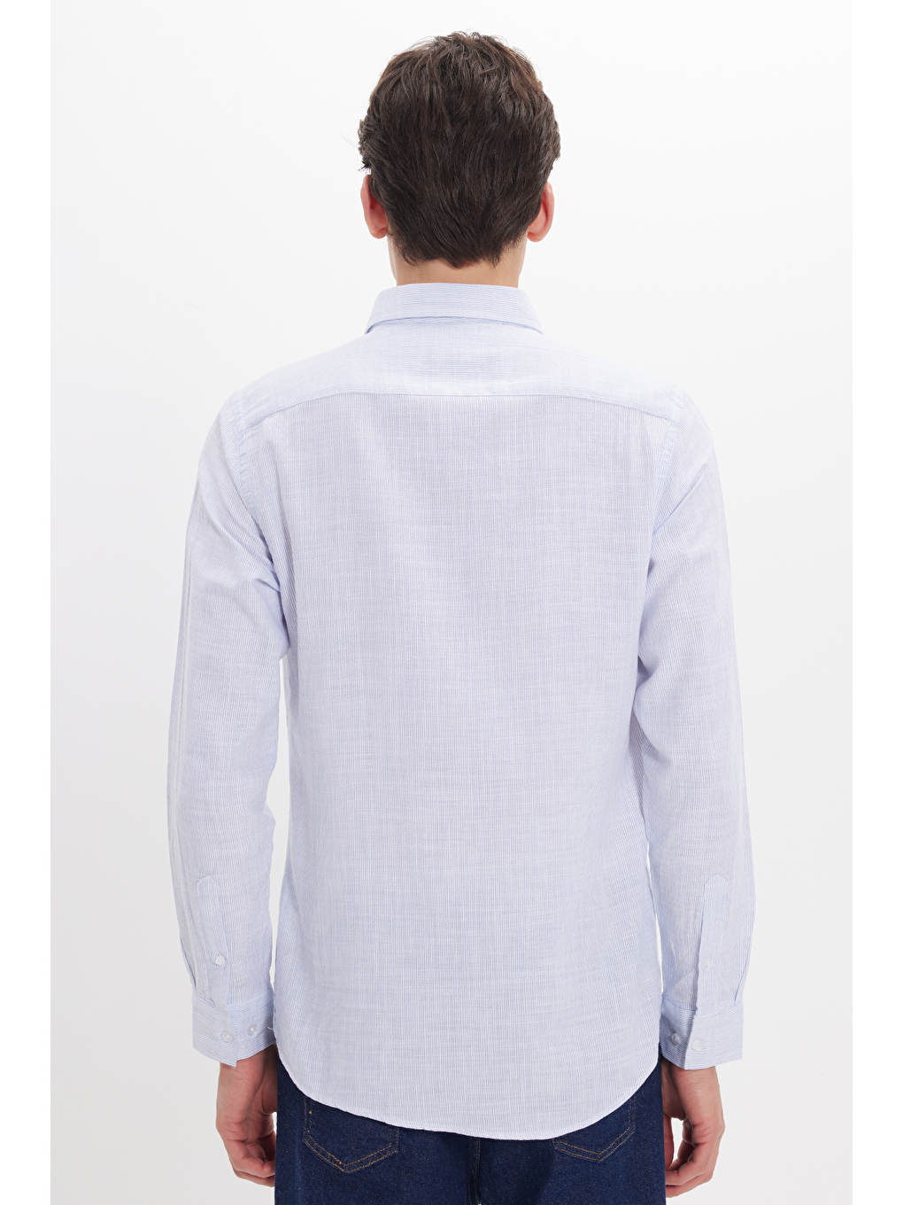 Erkek Slim Fit Dar Kesim %100 Pamuk Düğmeli Yaka Çizgili Uzun Kollu Cepli Keten Efektli Mavi Gömlek-5