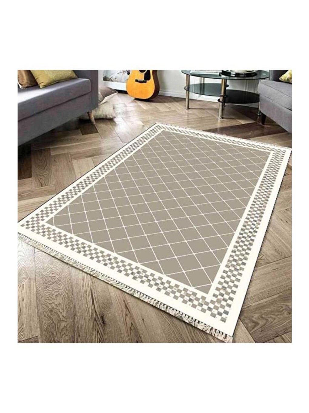 Kahverengi Kaymaz Taban Dijital Baskı Kadife Halı Dama Cappucino 180x280 Cm-4