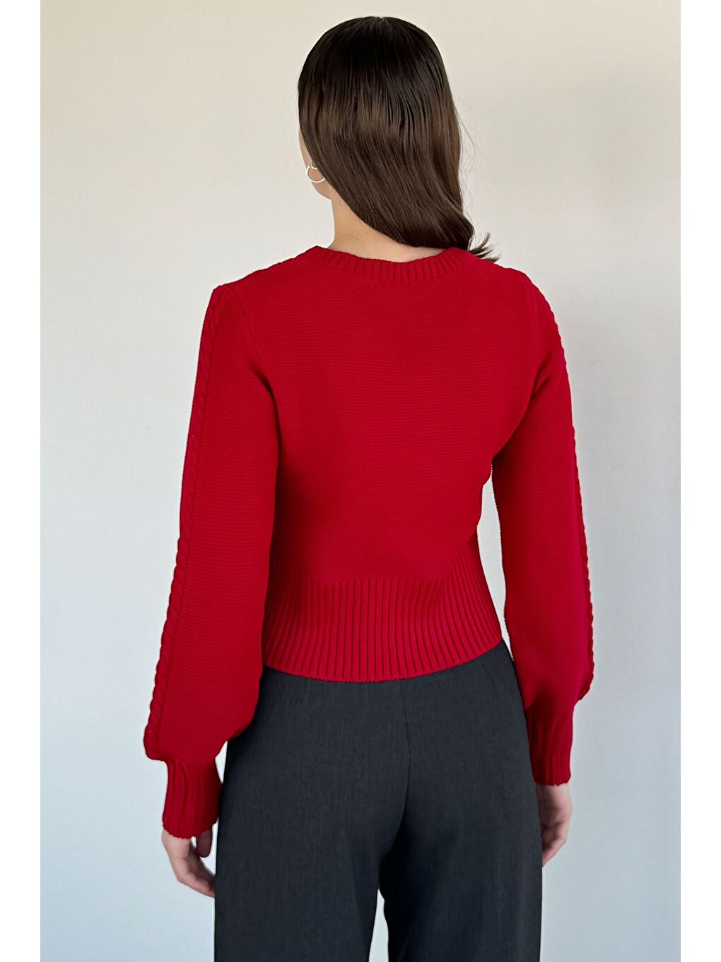 Kırmızı Kare Yaka Örgü Desenli Kadın Triko Kazak-3