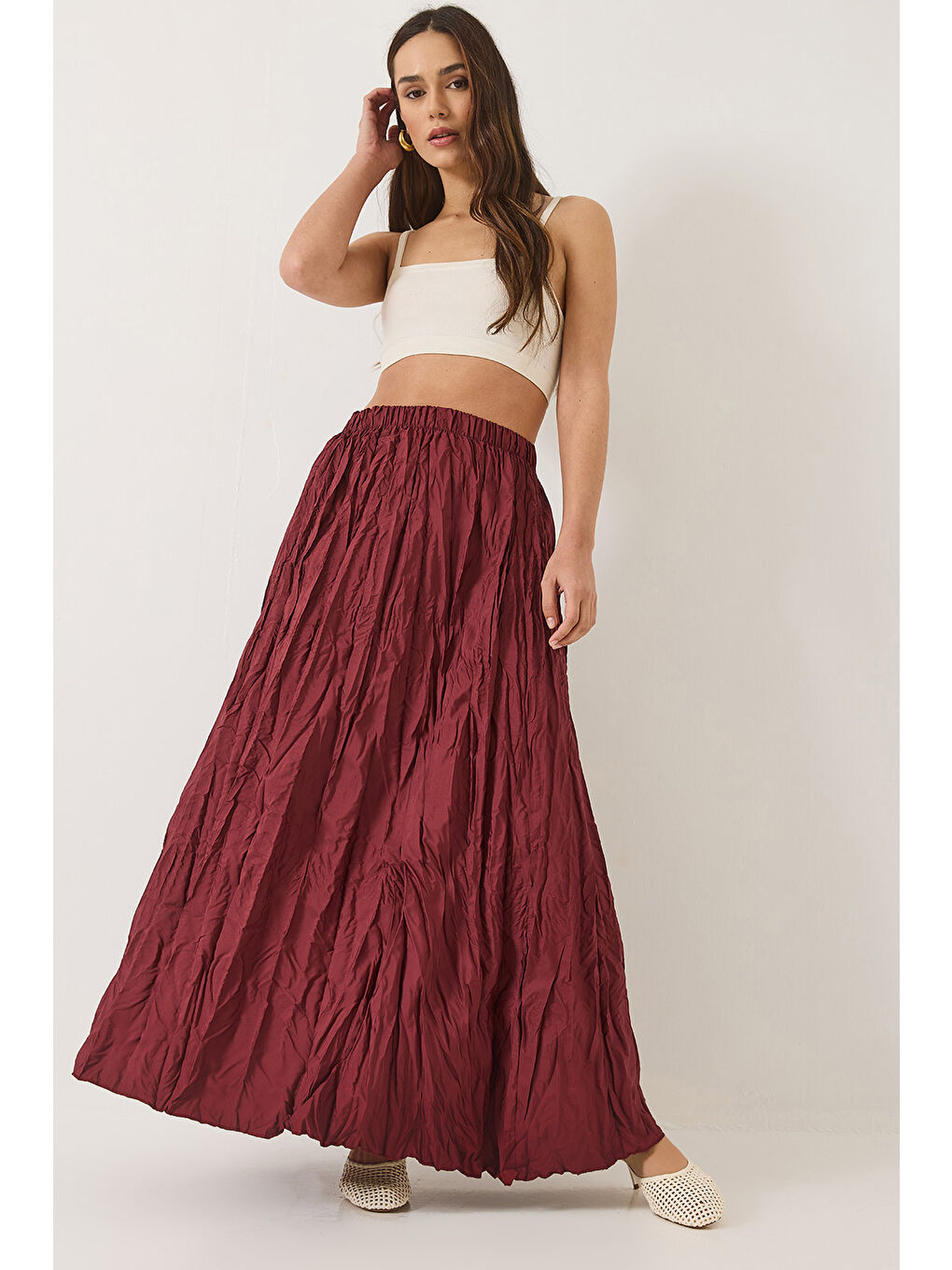 Bordo Kadın Beli Lastikli Crush Efektli Uzun Etek