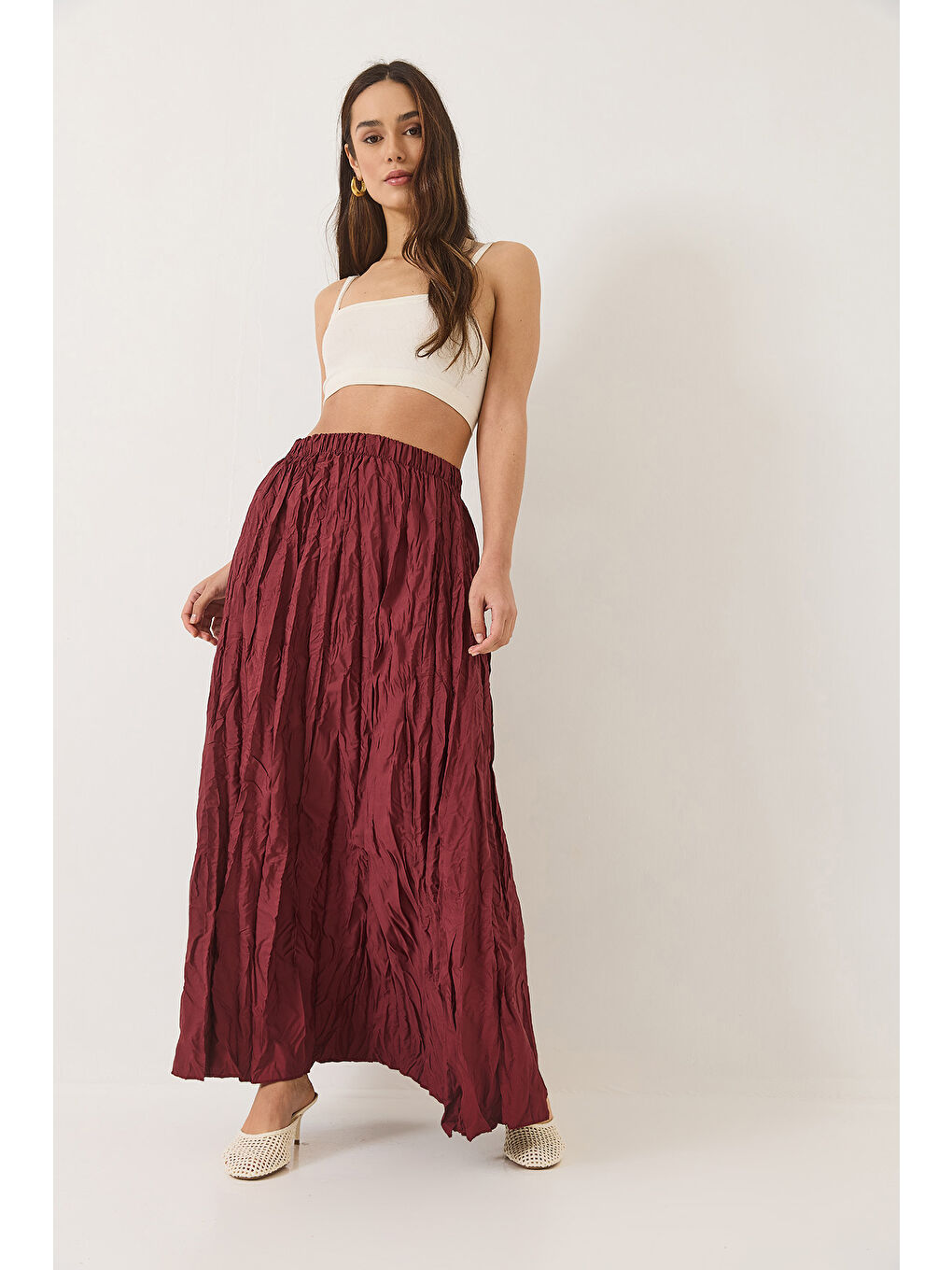 Bordo Kadın Beli Lastikli Crush Efektli Uzun Etek-2