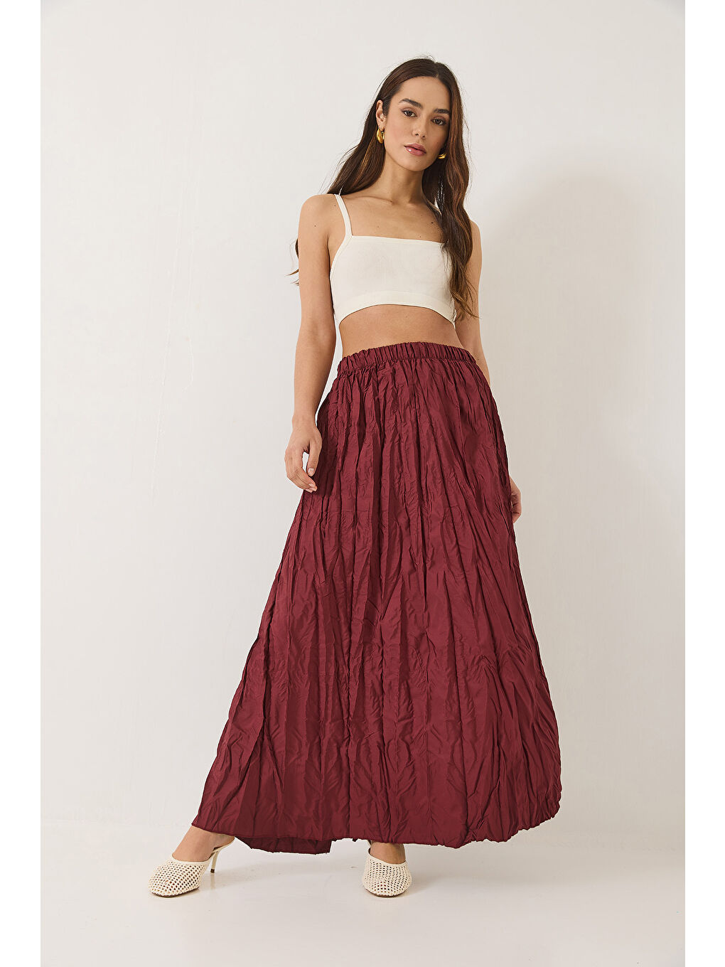 Bordo Kadın Beli Lastikli Crush Efektli Uzun Etek-3