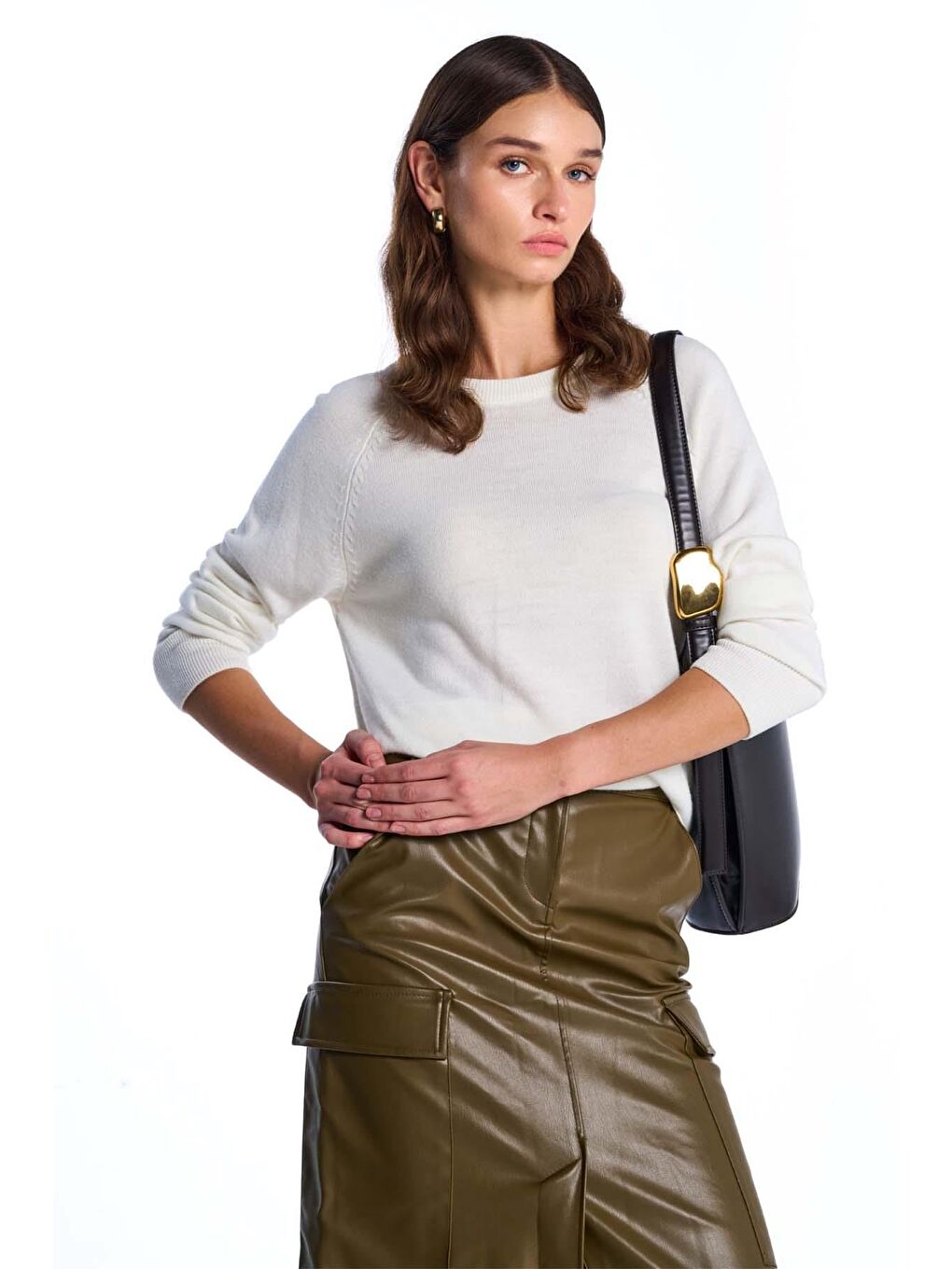 Beyaz Kemik Bisiklet Yaka Kazak