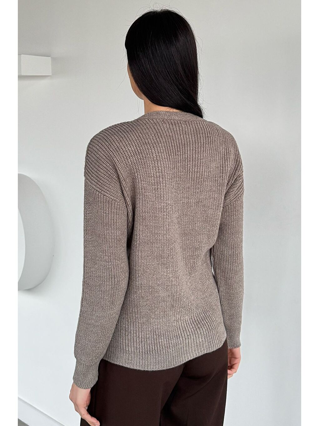 Bej Kadın Ön Bağlamalı Çift Cepli Örme Triko Hırka-3