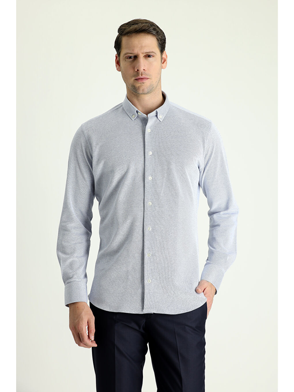 Mavi Uzun Kol Slim Fit Dar Kesim Desenli Örme Pamuk Gömlek