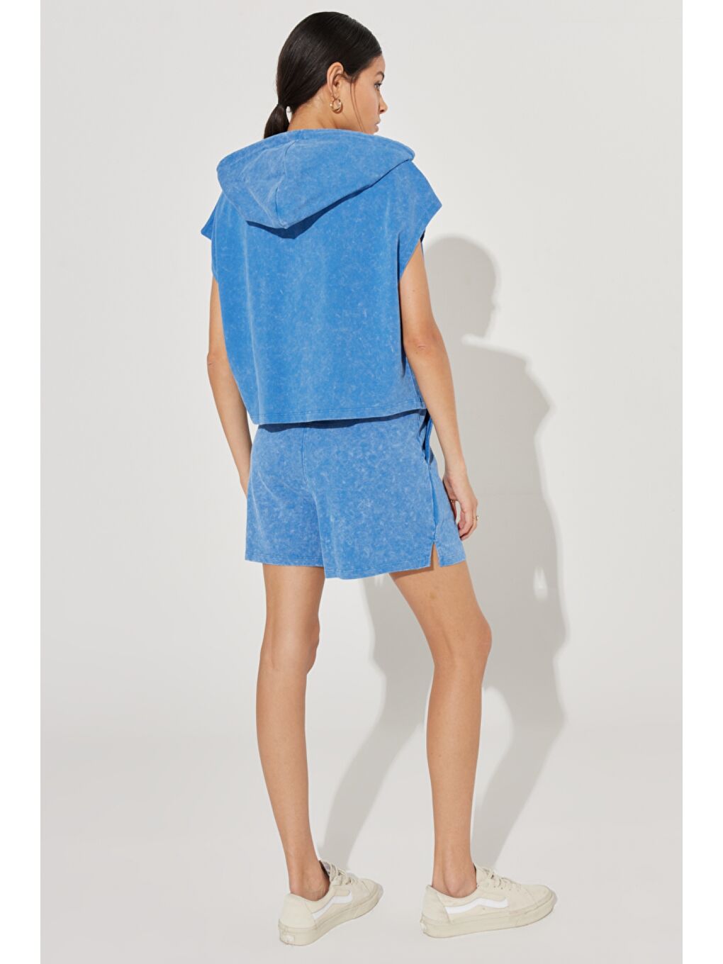 Yeşil Regular Fit Normal Kesim %100 Pamuk Lastikli Bel Mavi Sweat Şort-4