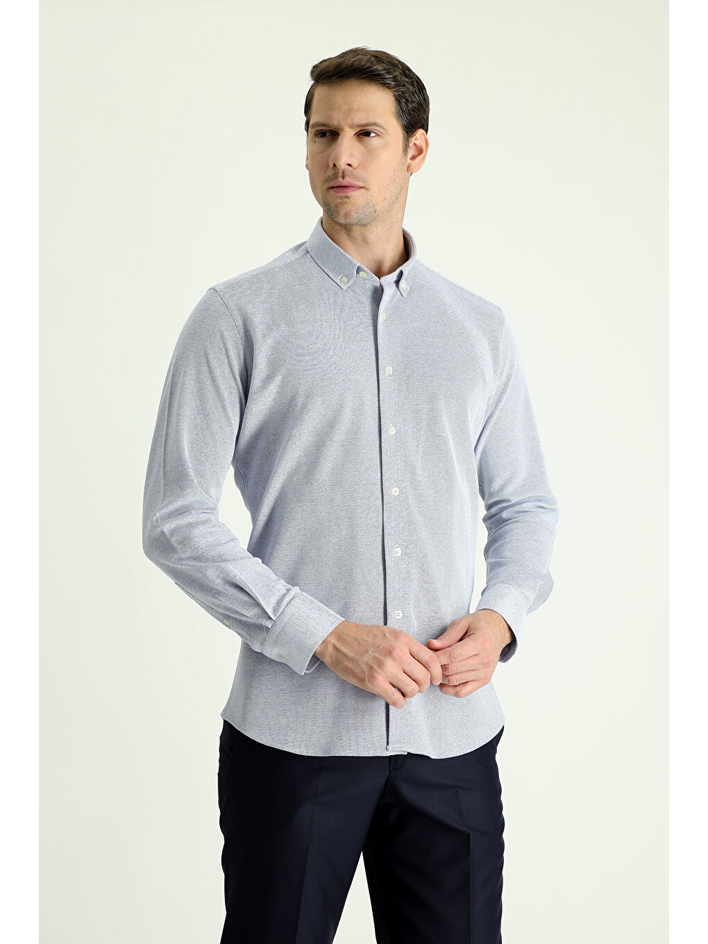 Mavi Uzun Kol Slim Fit Dar Kesim Desenli Örme Pamuk Gömlek-1