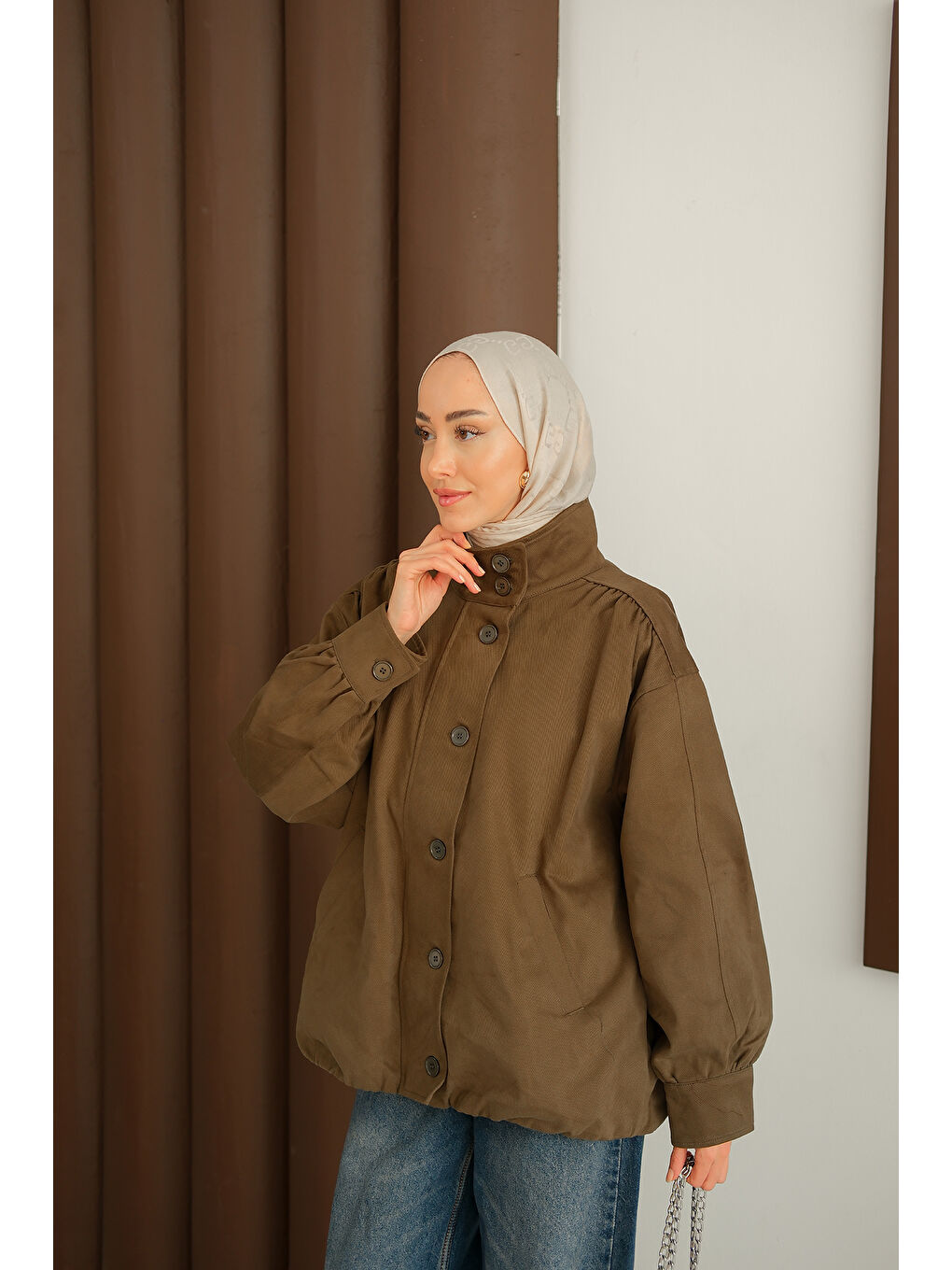 Kadın Düğme Detaylı Ceket Haki Yeşil-1